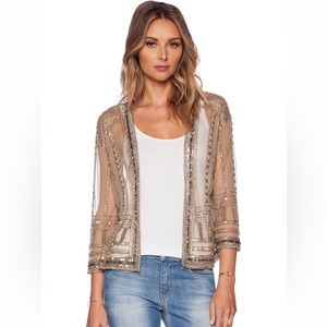 New friends colony - Beaded Sheer Open-Front Jacket - Taupe